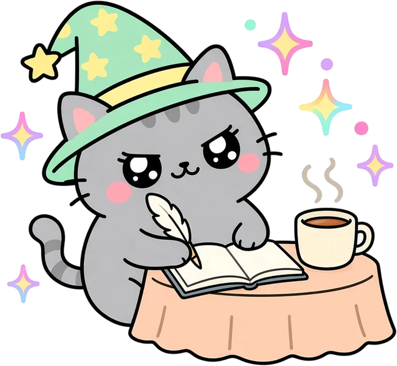 A chubby wizard cat writing in a book with a quill