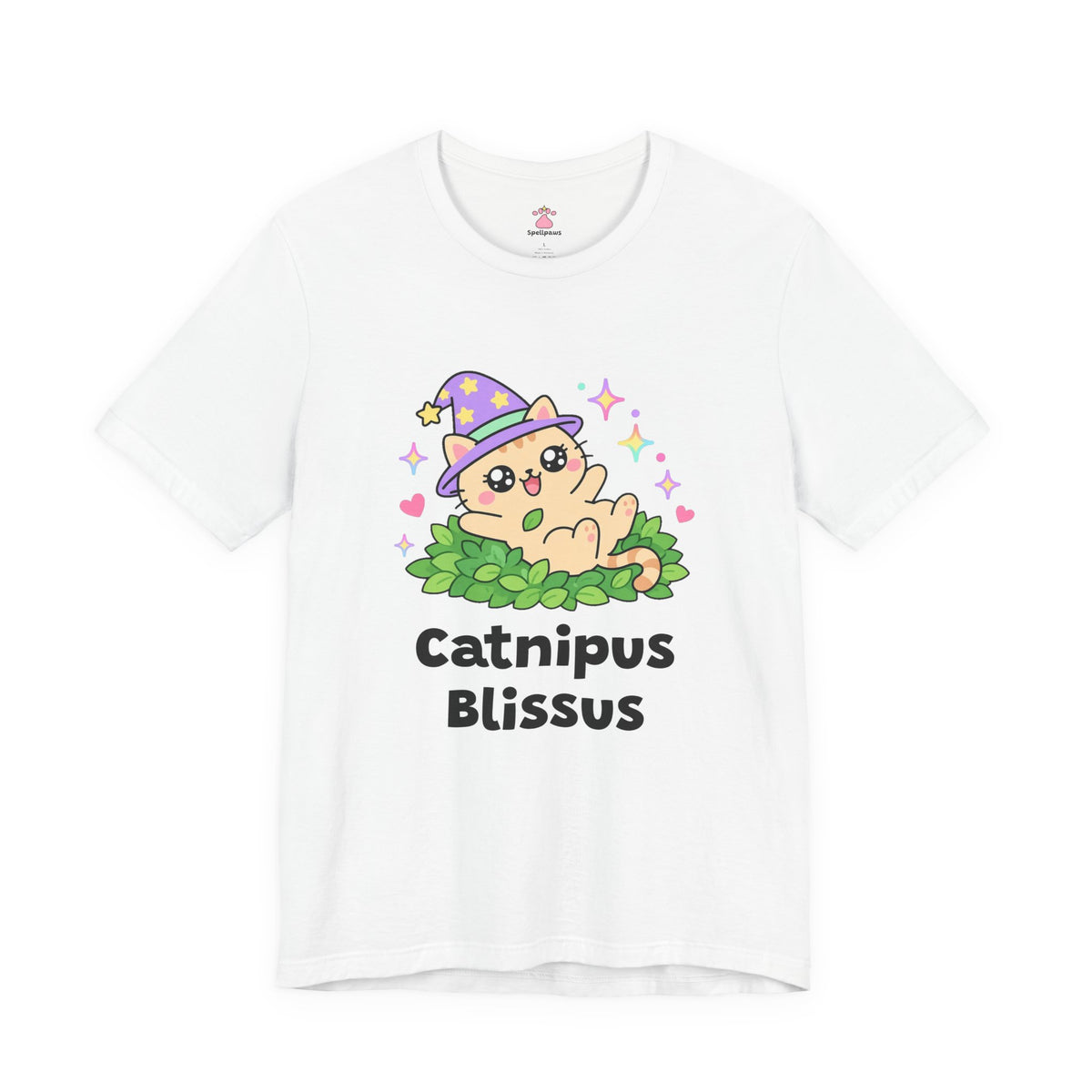 Orange wizard cat in a purple hat happily rolling on its back in a pile of green catnip with hearts and sparkles, Catnipus Blissus tee