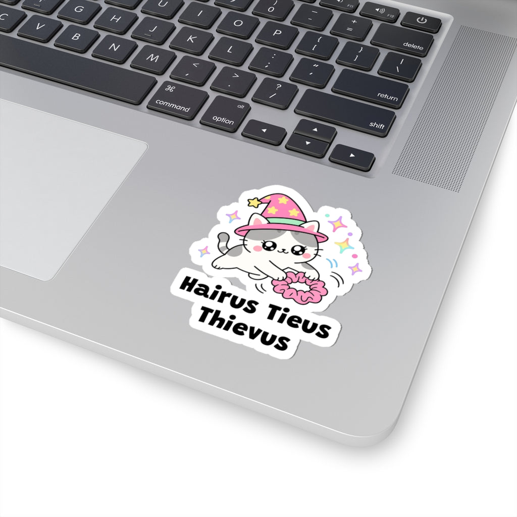 Hairus Tieus Thievus wizard cat sticker stuck on a silver laptop next to the keyboard