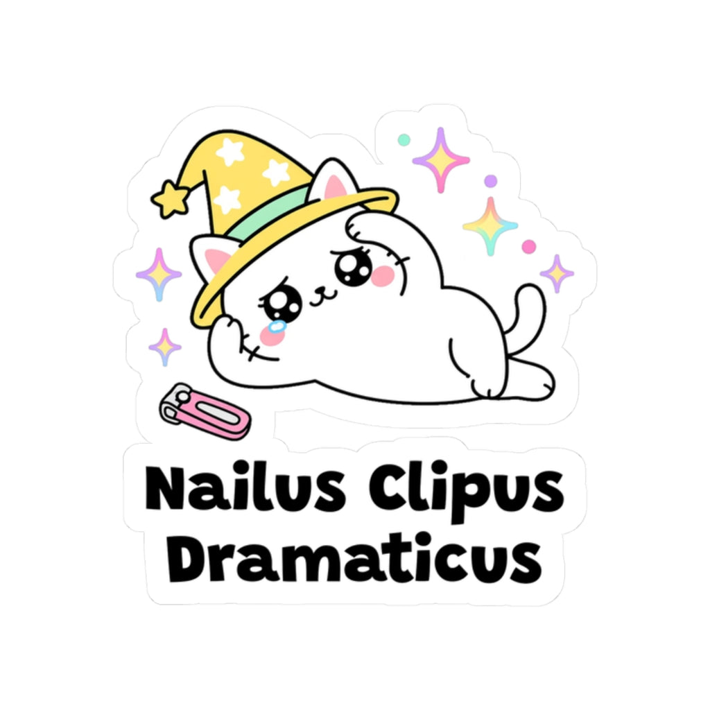 Nailus Clipus Dramaticus kiss-cut vinyl sticker on a white background, size option 4: white wizard cat in a yellow hat collapsed dramatically beside nail clippers