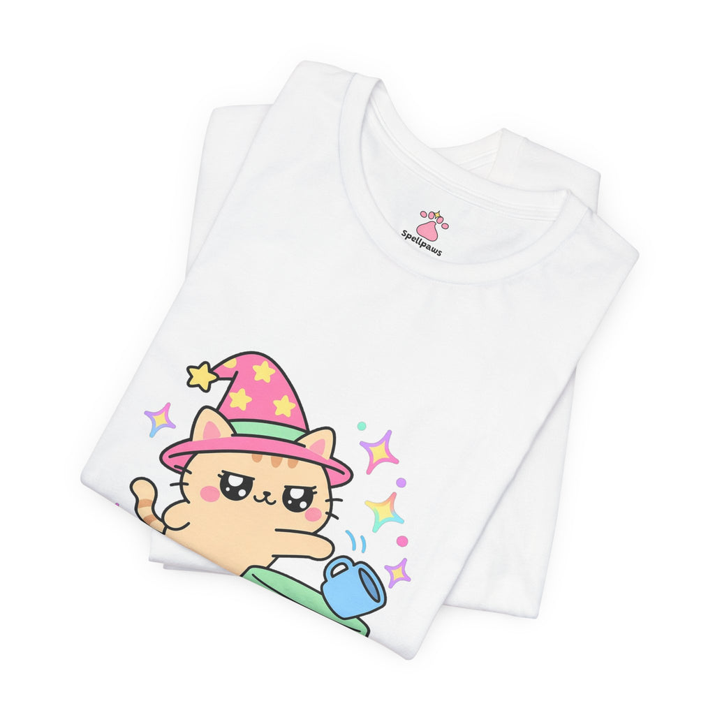 Wizard cat in a pink hat knocking a cup off a table, Knockus Offus Tableus tee