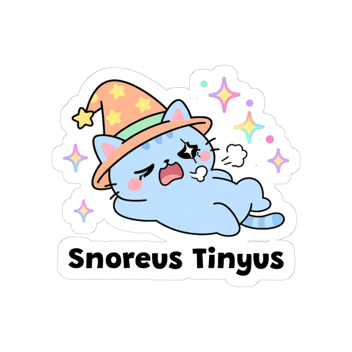 Snoreus Tinyus kiss-cut vinyl sticker on a white background, size option 3: blue wizard cat in an orange hat lying on its back mid-snore