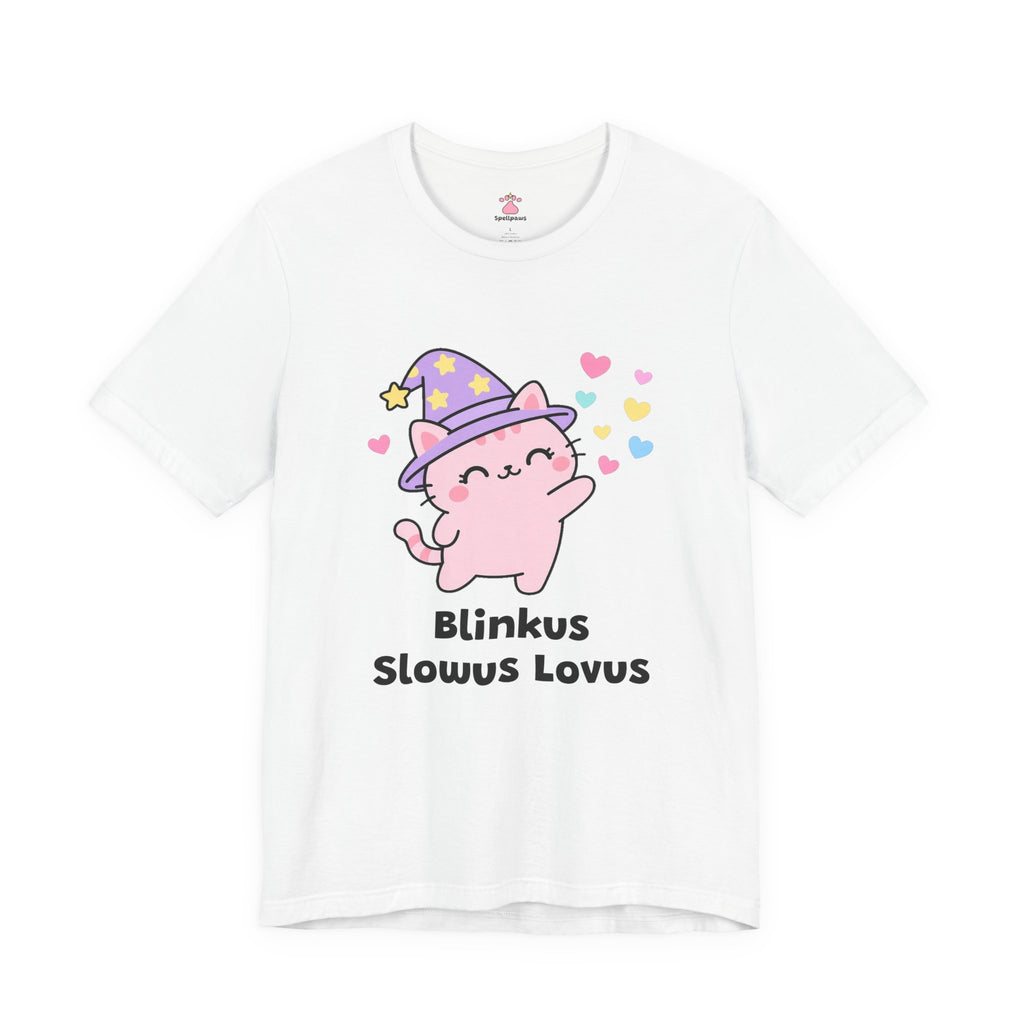 Pink wizard cat in a purple hat doing a slow loving blink with floating hearts, Blinkus Slowus Lovus tee