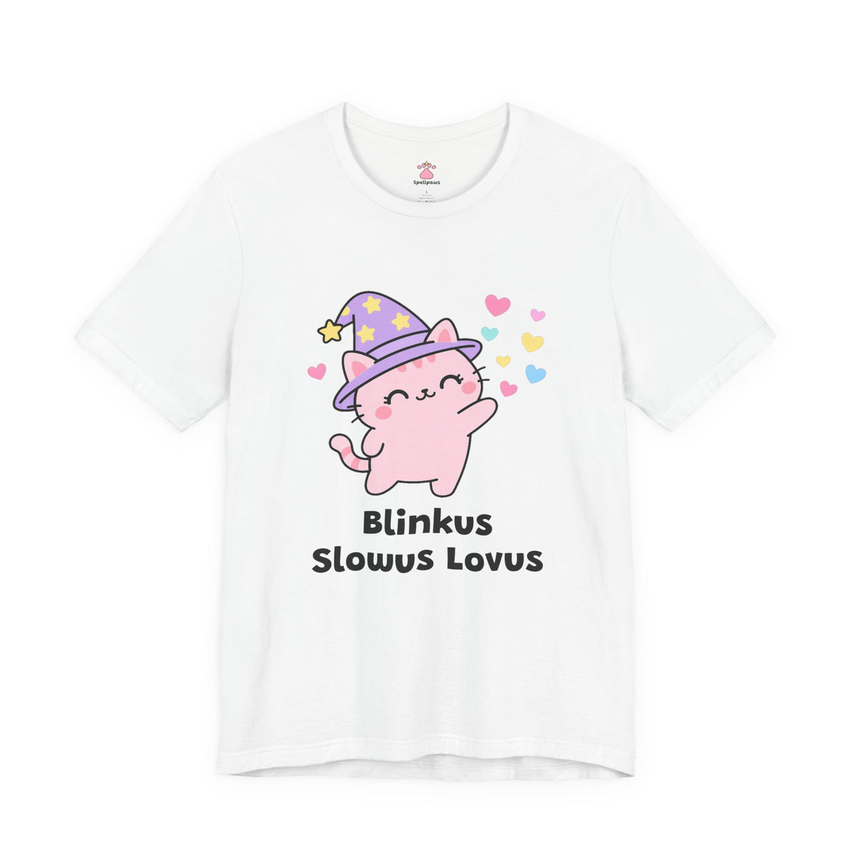 Pink wizard cat in a purple hat doing a slow loving blink with floating hearts, Blinkus Slowus Lovus tee