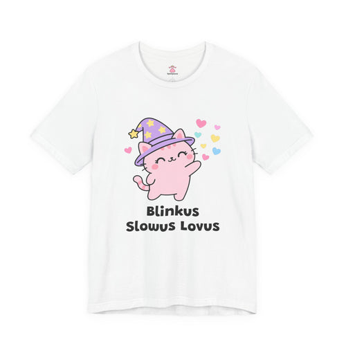 Pink wizard cat in a purple hat doing a slow loving blink with floating hearts, Blinkus Slowus Lovus tee