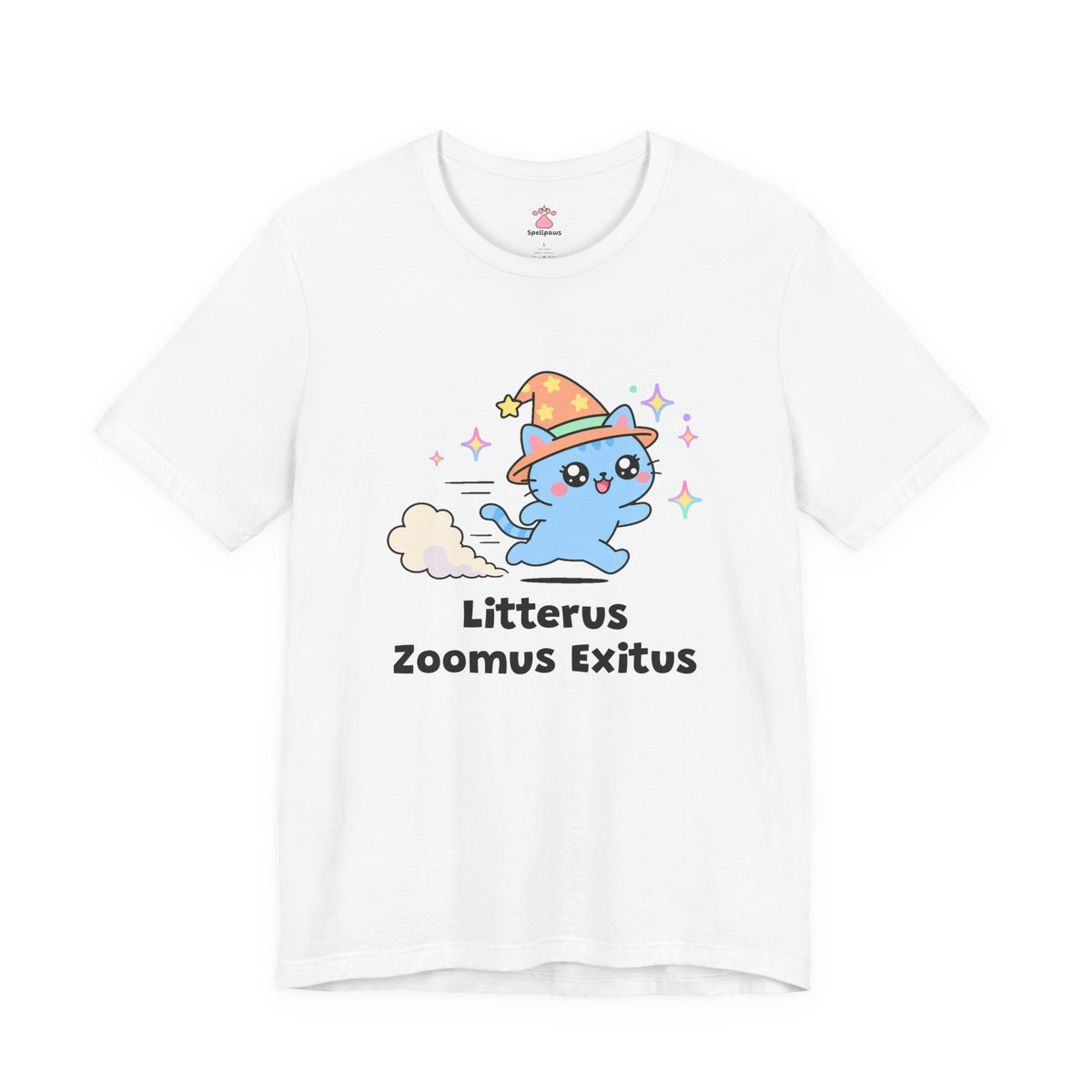 Blue wizard cat in an orange hat zooming away at top speed with a dust cloud trail behind it, Litterus Zoomus Exitus tee