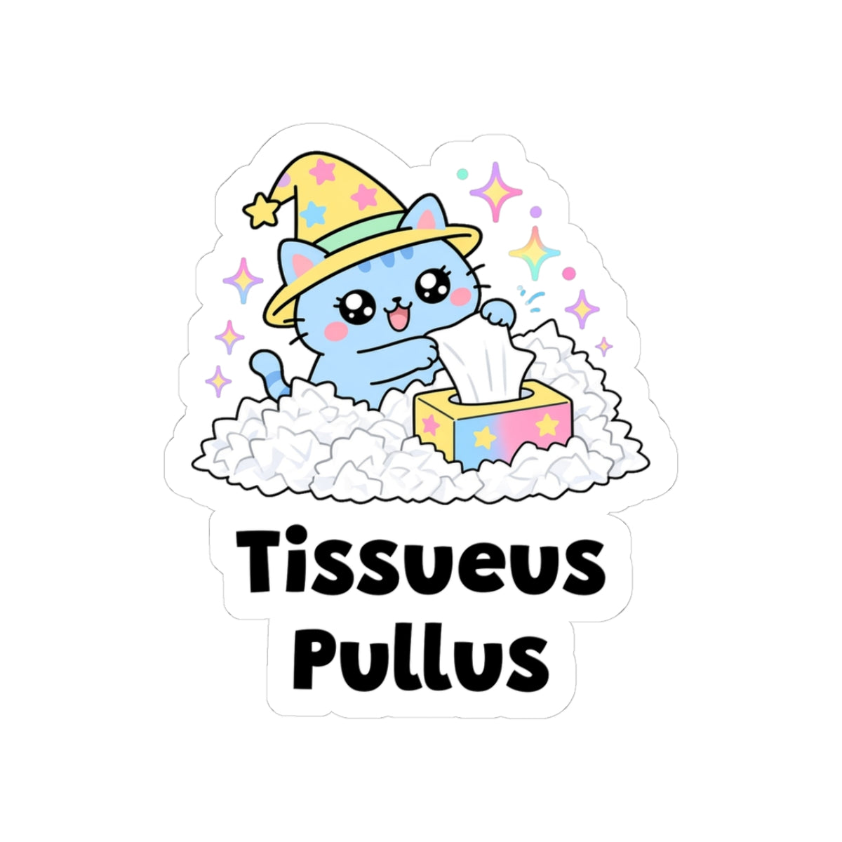 Tissueus Pullus kiss-cut vinyl sticker with a white border: blue wizard cat in a yellow hat pulling tissues out of a tissue box, with "Tissueus Pullus" in black letters