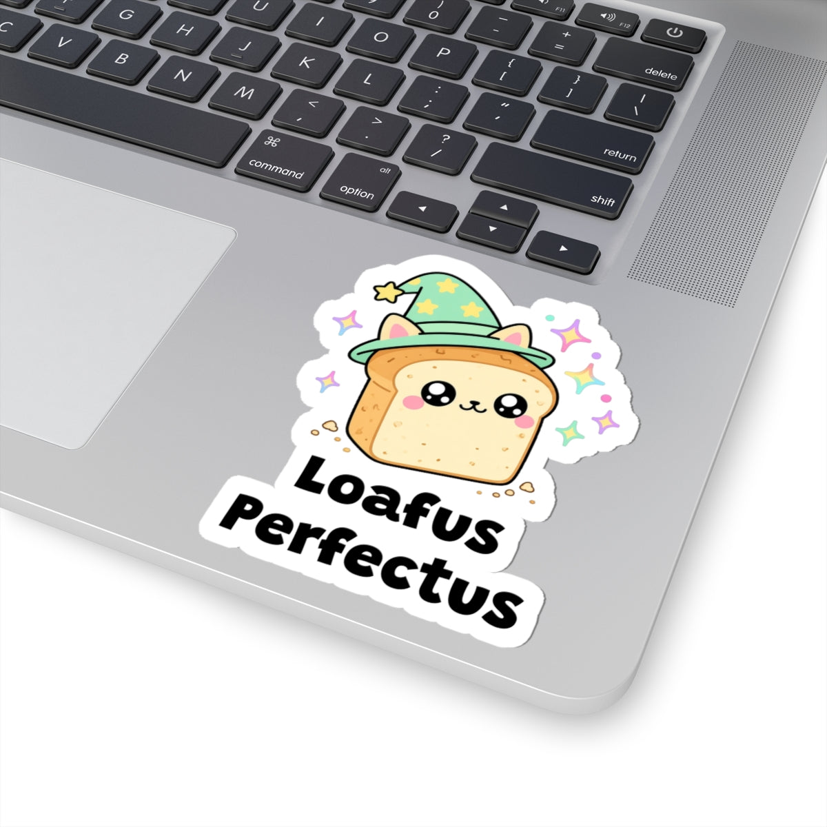 Loafus Perfectus wizard cat sticker stuck on a silver laptop next to the keyboard