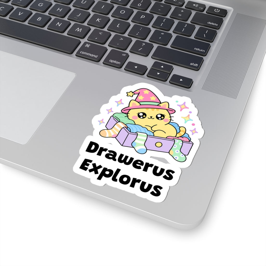 Drawerus Explorus wizard cat sticker stuck on a silver laptop next to the keyboard
