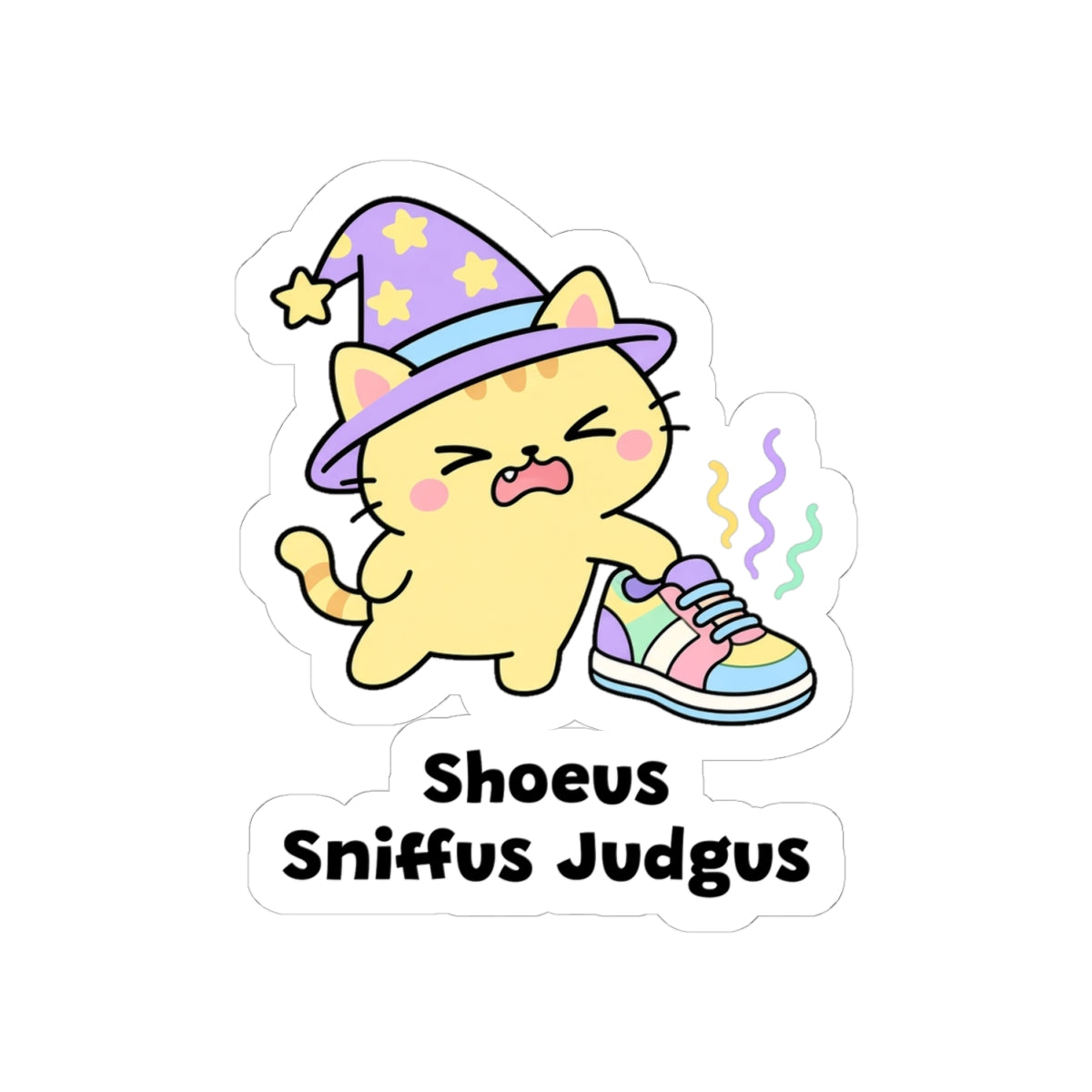 Shoeus Sniffus Judgus kiss-cut vinyl sticker on a white background, size option 2: yellow wizard cat in a purple hat making a disgusted face at a sneaker