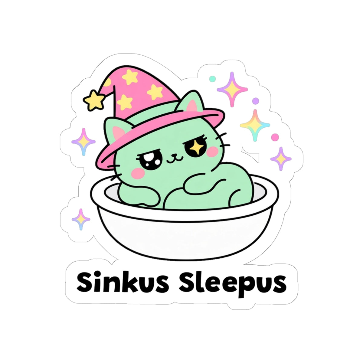 Sinkus Sleepus kiss-cut vinyl sticker on a white background, size option 3: mint-green wizard cat in a pink hat napping in a white sink, one sparkly eye open