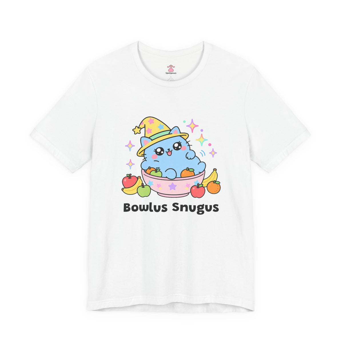 Chubby blue wizard cat crammed into a small fruit bowl with fruit spilling out, Bowlus Snugus tee