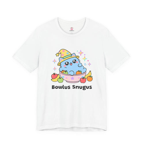 Chubby blue wizard cat crammed into a small fruit bowl with fruit spilling out, Bowlus Snugus tee