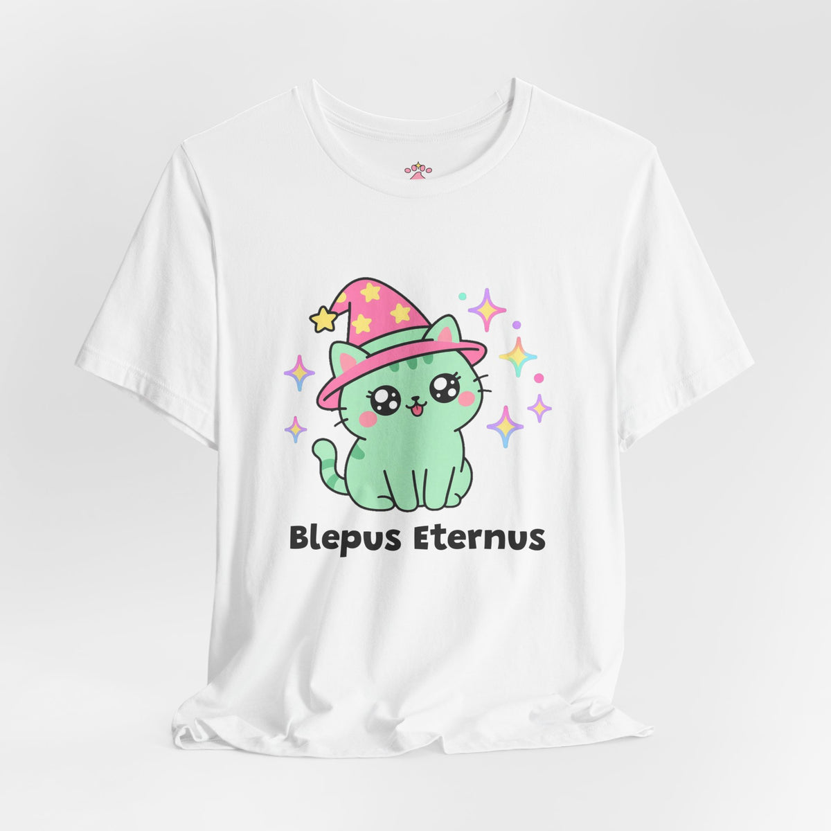 Mint wizard cat in a pink hat with a tiny pink tongue blep and a serious face, Blepus Eternus tee