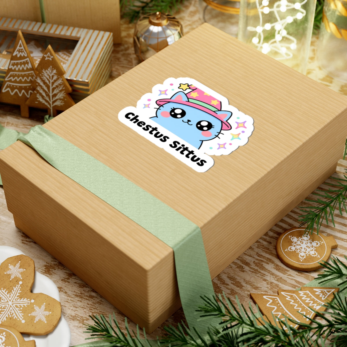 Chestus Sittus wizard cat sticker on a kraft gift box with a green ribbon and holiday cookies