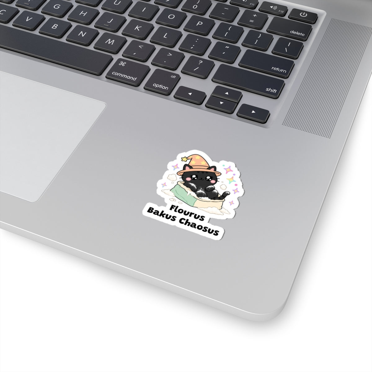 Flourus Bakus Chaosus wizard cat sticker stuck on a silver laptop next to the keyboard