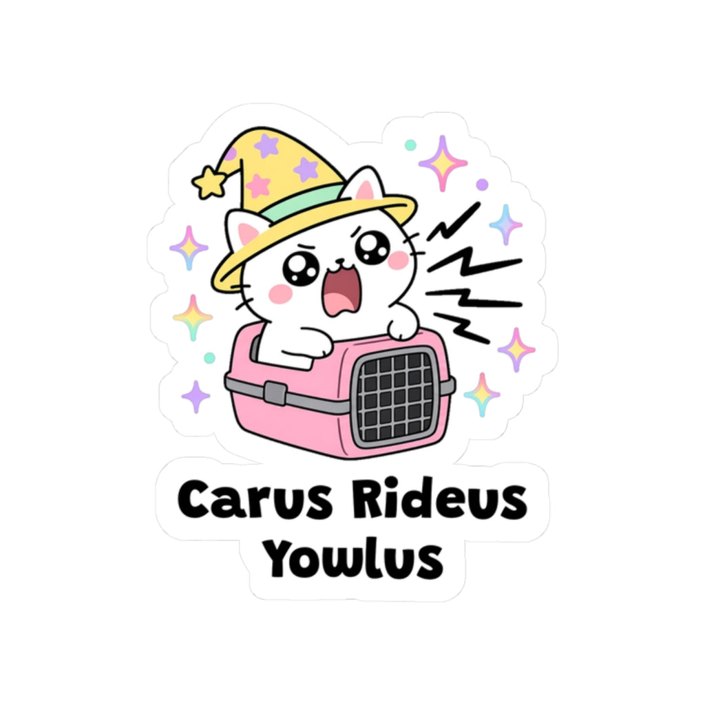 Carus Rideus Yowlus kiss-cut vinyl sticker on a white background, size option 4: white wizard cat in a yellow hat yowling from inside a pet carrier