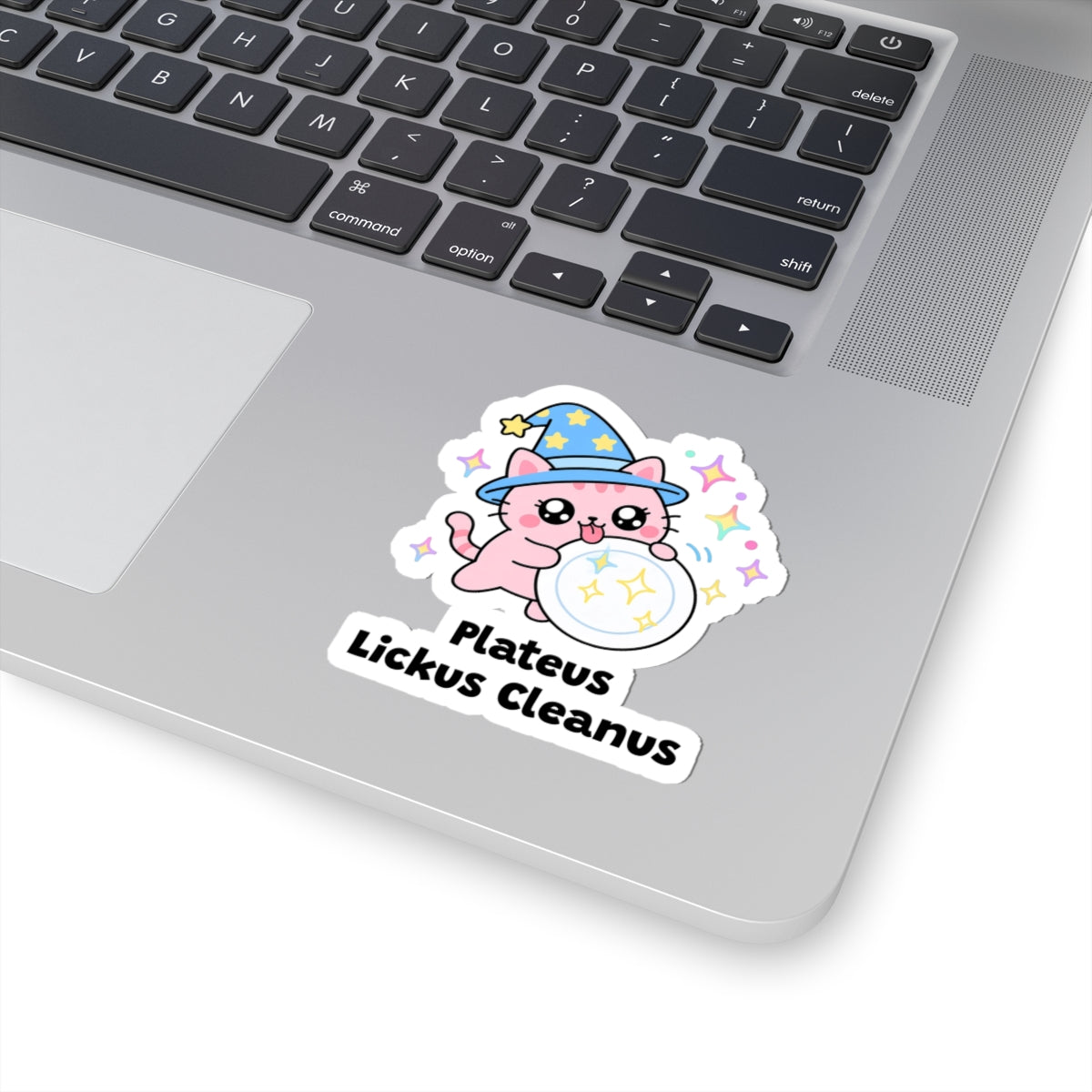 Plateus Lickus Cleanus wizard cat sticker stuck on a silver laptop next to the keyboard