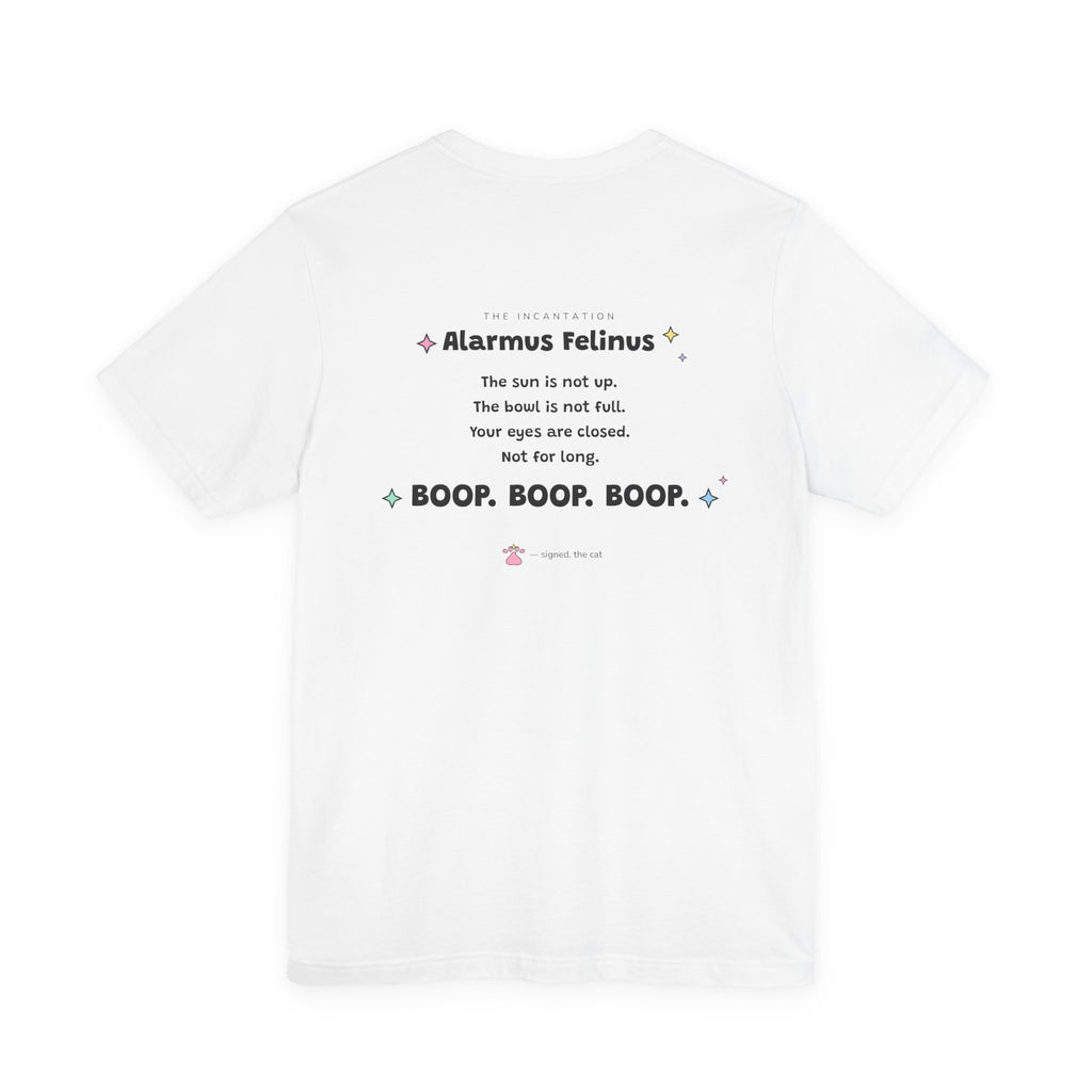 Back of the white Alarmus Felinus T-shirt with the full spell incantation printed between the shoulders