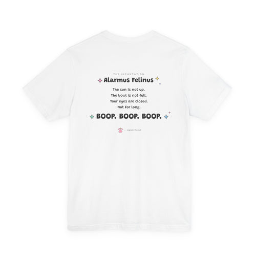 Back of the white Alarmus Felinus T-shirt with the full spell incantation printed between the shoulders