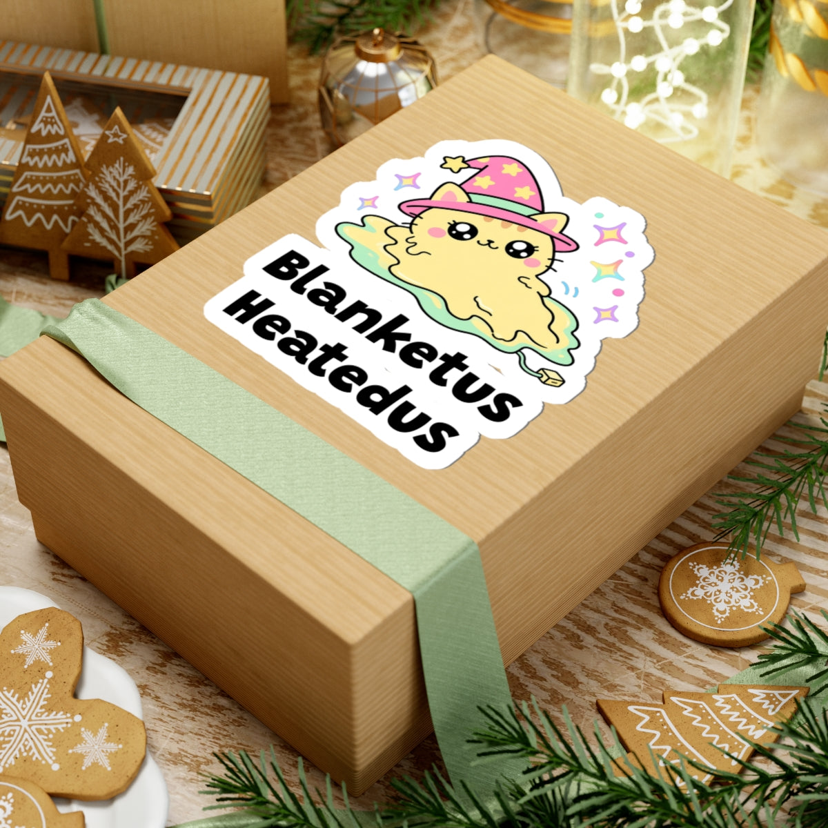 Blanketus Heatedus wizard cat sticker on a kraft gift box with a green ribbon and holiday cookies