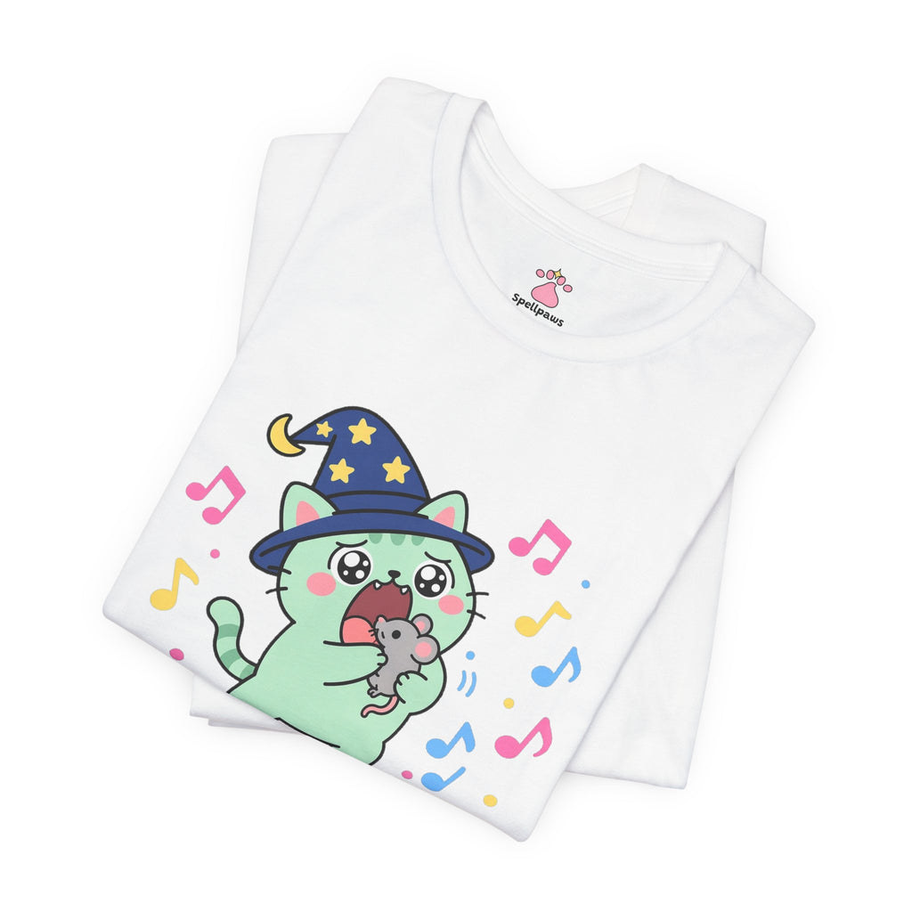 Mint wizard cat in a navy star hat singing opera at midnight holding a toy mouse, music notes all around, Yowlus Midnightus Operus tee