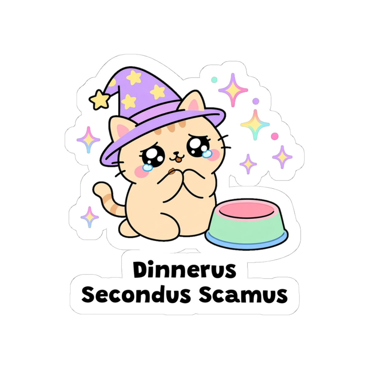 Dinnerus Secondus Scamus kiss-cut vinyl sticker on a white background, size option 2: cream wizard cat in a purple hat with pleading eyes beside an empty pink food bowl