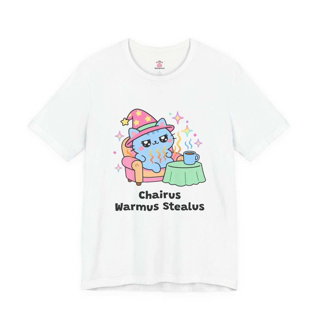 White Chairus Warmus Stealus wizard cat T-shirt, front view: blue wizard cat in a pink hat lounging in a warm orange armchair beside a coffee mug, with "Chairus Warmus Stealus" printed below