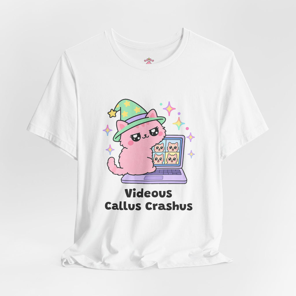 Pink wizard cat in a green hat stepping in front of a laptop during a video call with tiny coworker faces on screen, Videous Callus Crashus tee