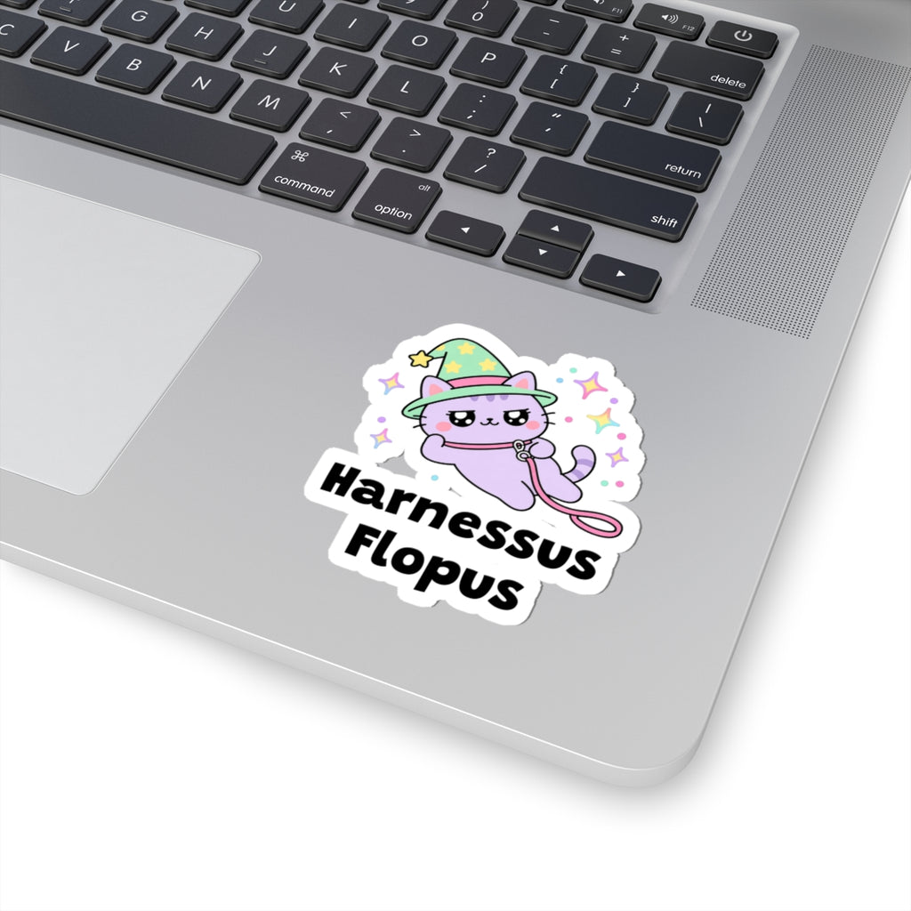Harnessus Flopus wizard cat sticker stuck on a silver laptop next to the keyboard