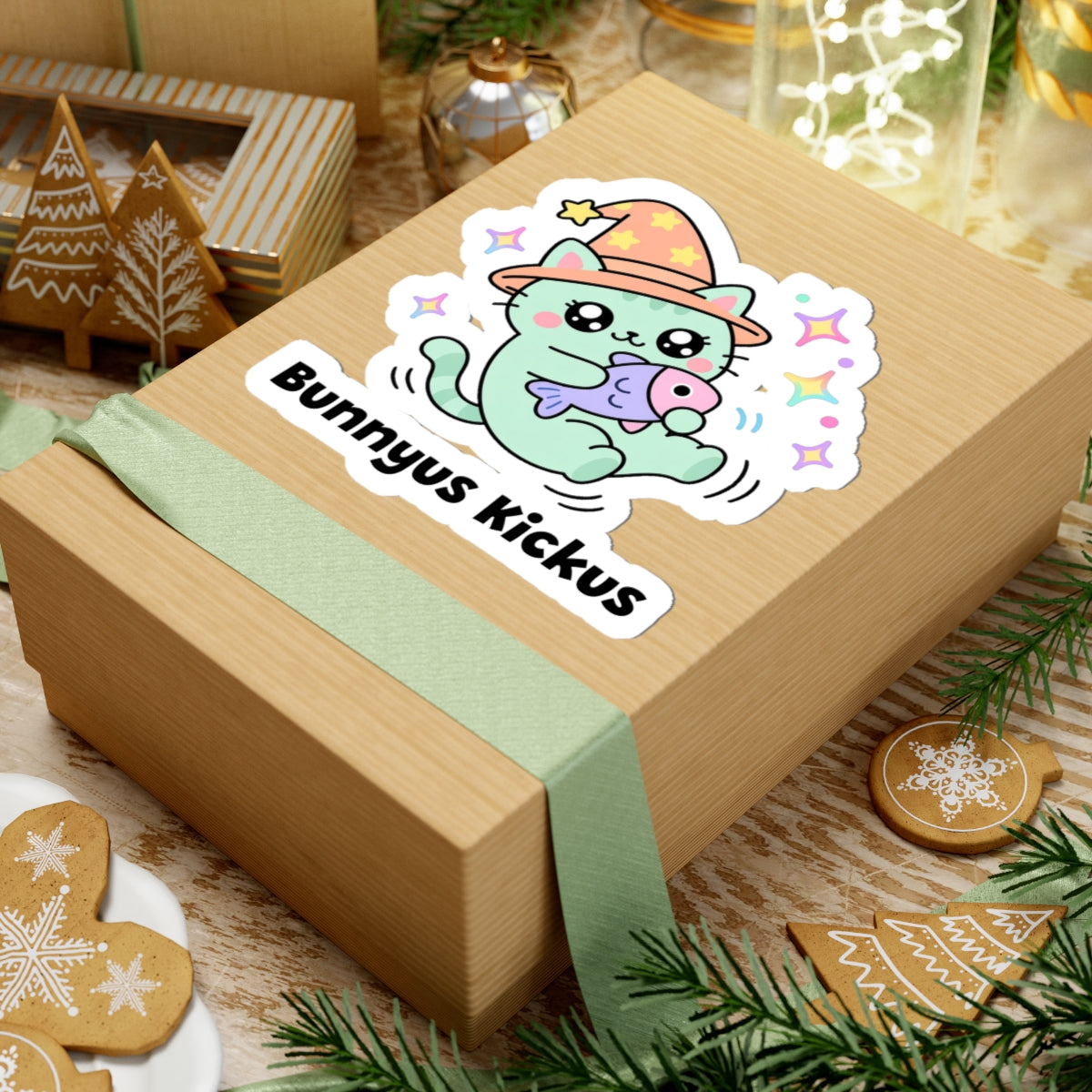 Bunnyus Kickus wizard cat sticker on a kraft gift box with a green ribbon and holiday cookies