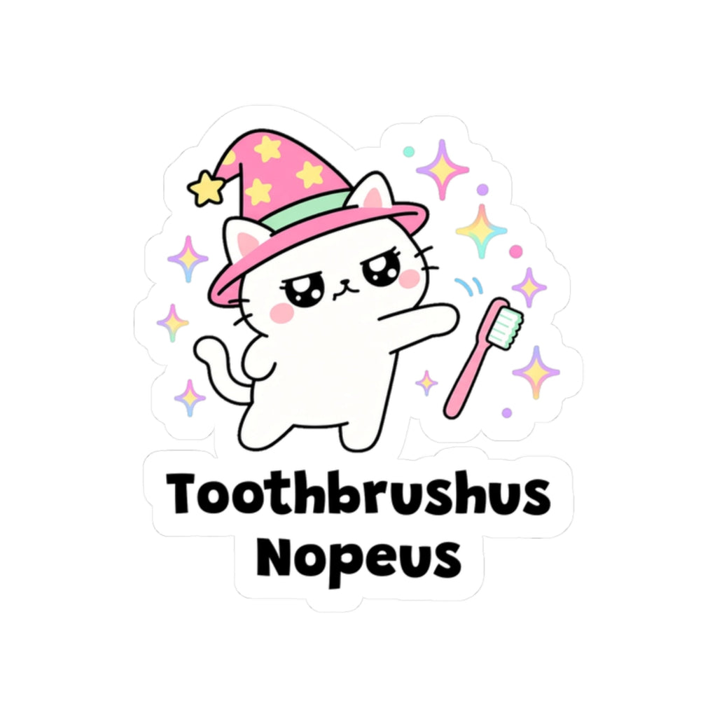 Toothbrushus Nopeus kiss-cut vinyl sticker on a white background, size option 4: white wizard cat in a pink hat refusing a pink toothbrush