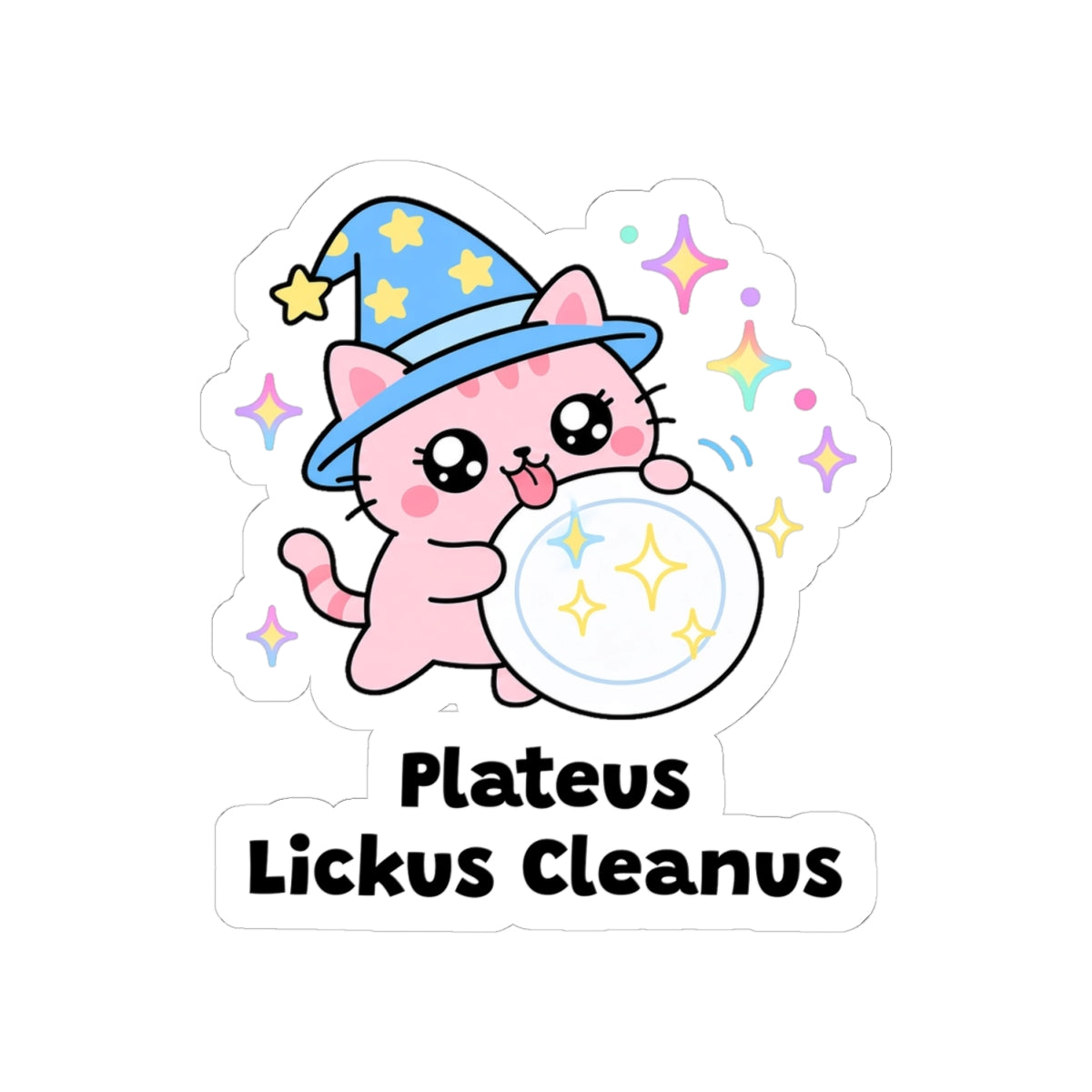 Plateus Lickus Cleanus kiss-cut vinyl sticker on a white background, size option 2: pink wizard cat in a blue hat licking a white dinner plate clean