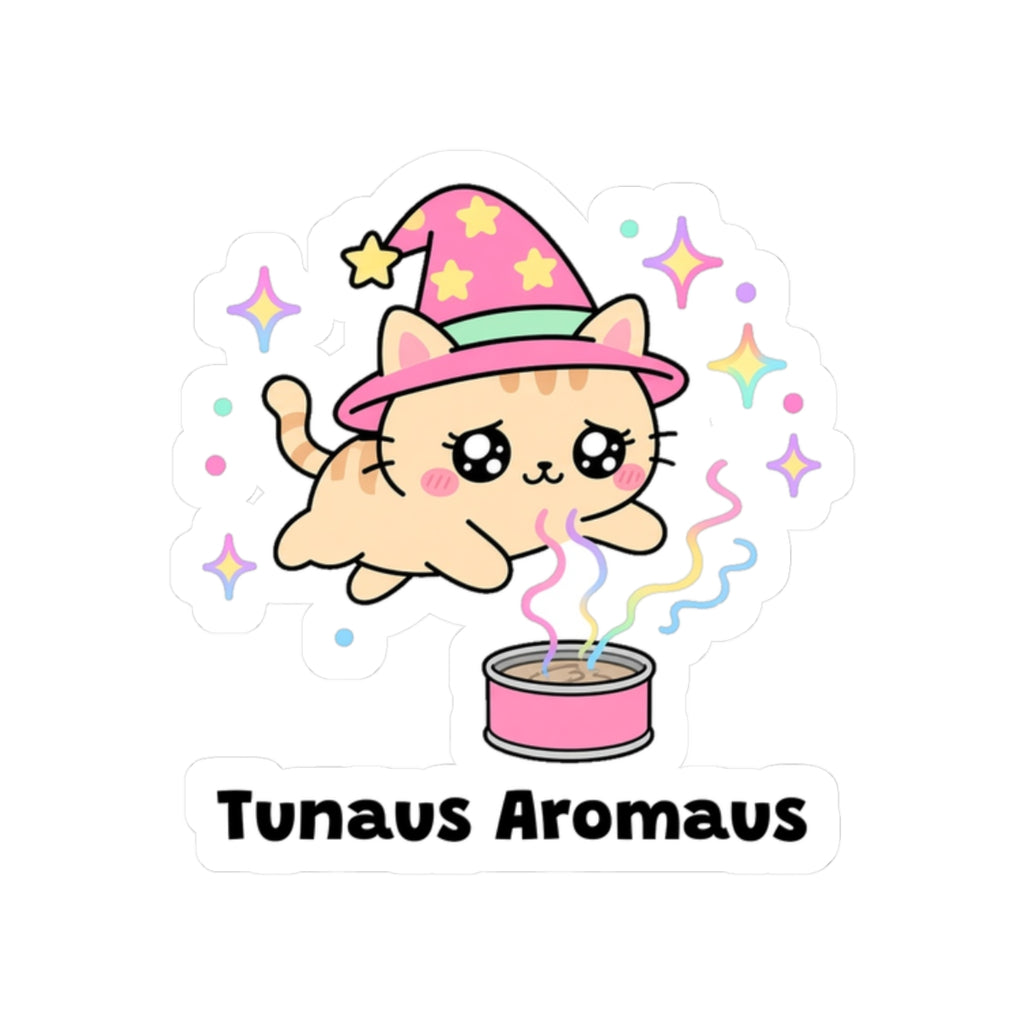 Tunaus Aromaus kiss-cut vinyl sticker on a white background, size option 4: orange wizard cat in a pink hat floating toward an open tuna can on rainbow smell lines