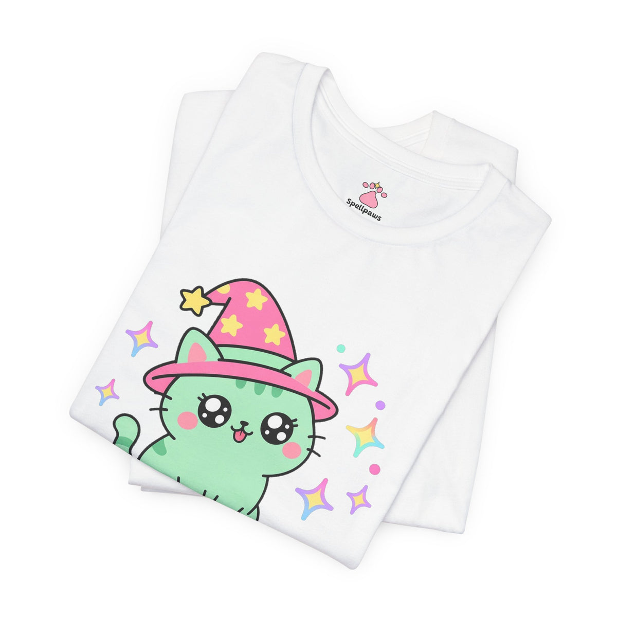 Mint wizard cat in a pink hat with a tiny pink tongue blep and a serious face, Blepus Eternus tee