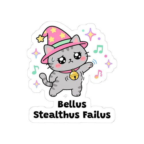 Bellus Stealthus Failus kiss-cut vinyl sticker on a white background, size option 2: grey wizard cat in a pink hat sneaking with a jingling bell on its collar