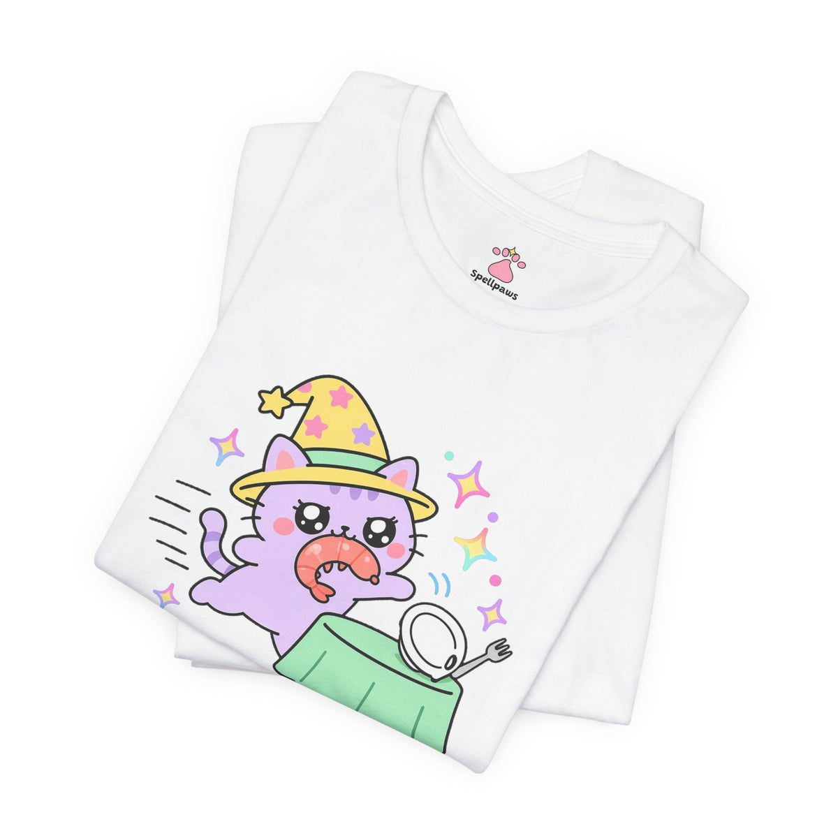 Folded white Shrimpus Snatchus T-shirt showing a close-up of the lilac wizard cat in a yellow hat dashing off with a shrimp from a plate on a green table