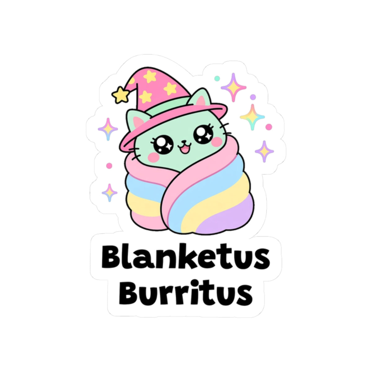 Blanketus Burritus kiss-cut vinyl sticker on a white background, size option 4: grey wizard cat in a pink hat wrapped in a rainbow blanket burrito with only its face showing