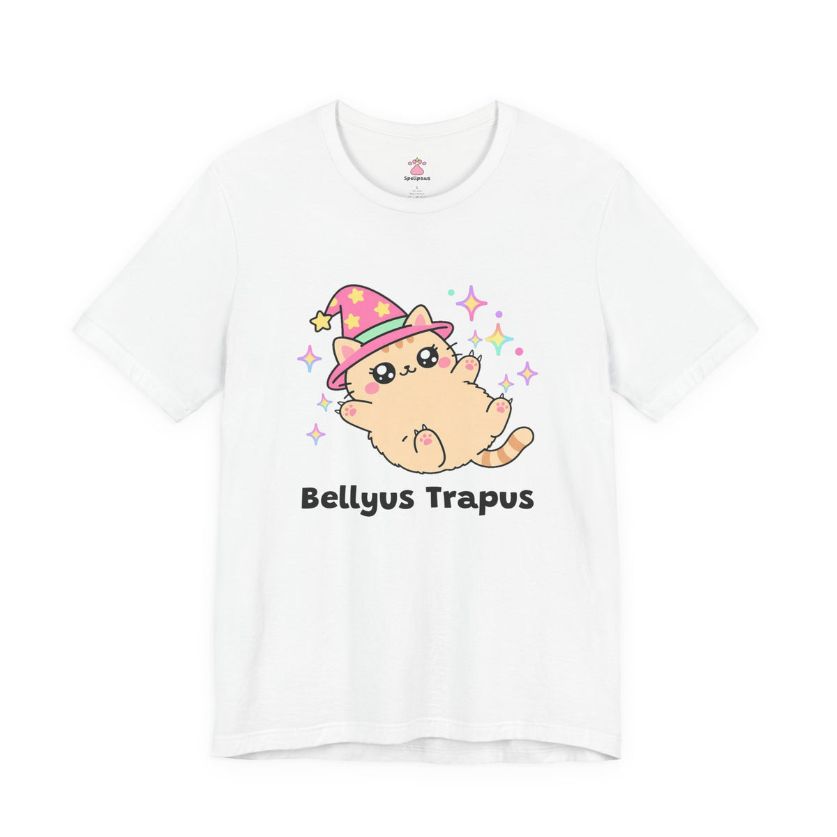 White Bellyus Trapus wizard cat T-shirt, front view: peach wizard cat in a pink star hat lying on its back showing its fluffy belly, with "Bellyus Trapus" printed below
