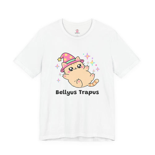 White Bellyus Trapus wizard cat T-shirt, front view: peach wizard cat in a pink star hat lying on its back showing its fluffy belly, with "Bellyus Trapus" printed below