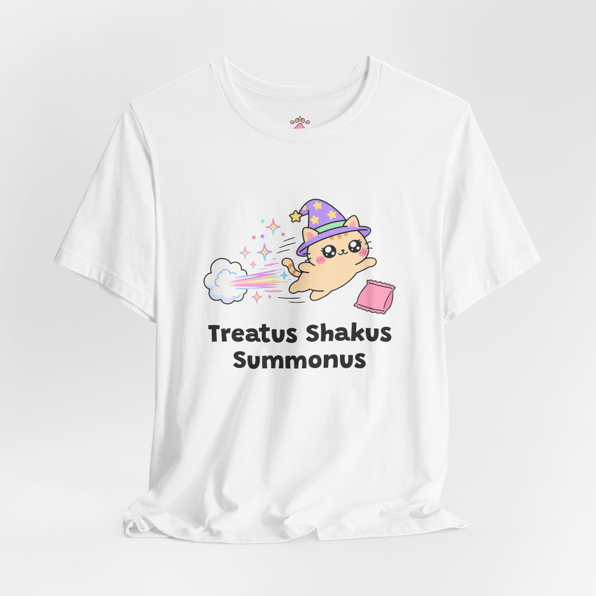 Orange wizard cat in a purple hat zooming at top speed in a burst of rainbow sparkles toward a pink treat bag, Treatus Shakus Summonus tee