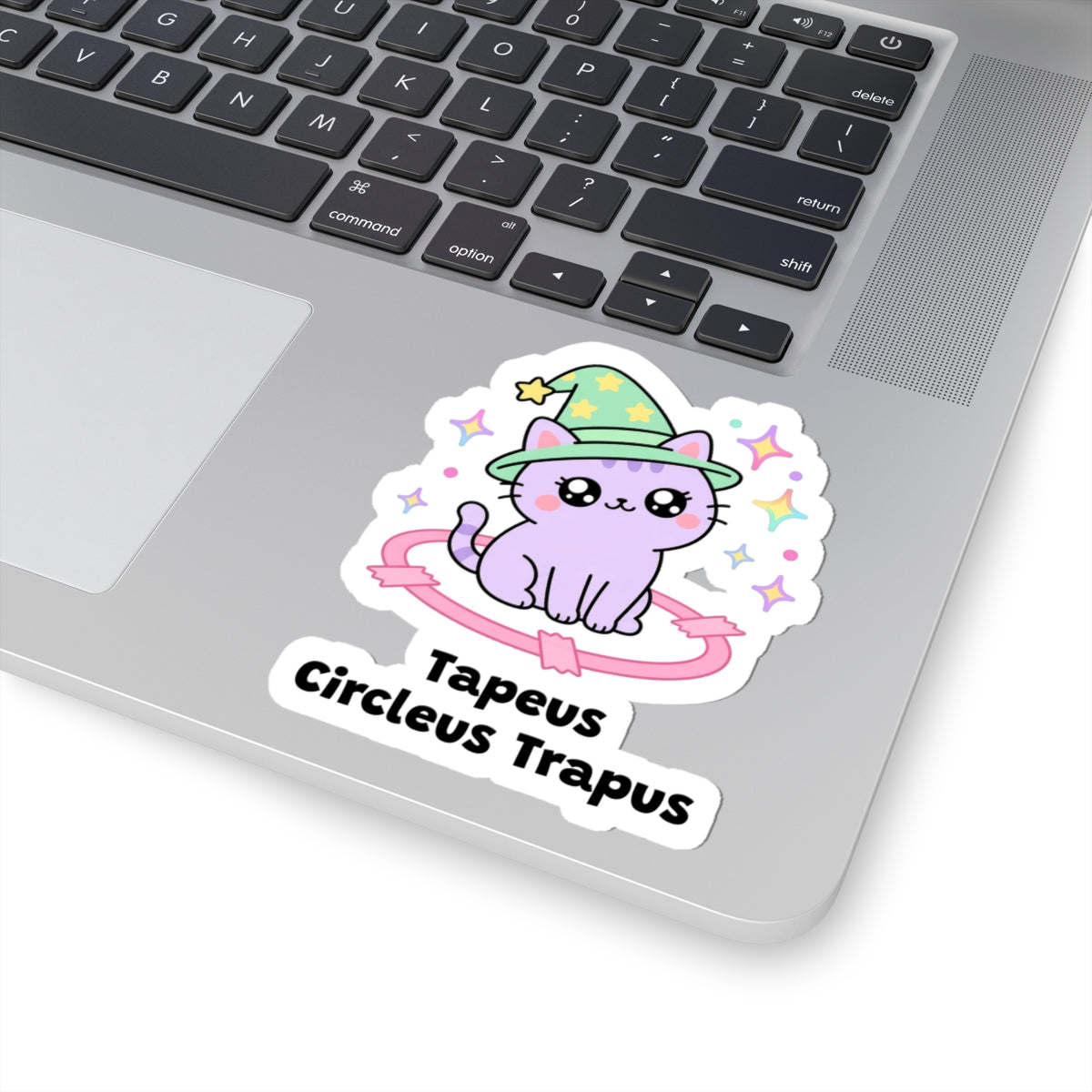 Tapeus Circleus Trapus wizard cat sticker stuck on a silver laptop next to the keyboard