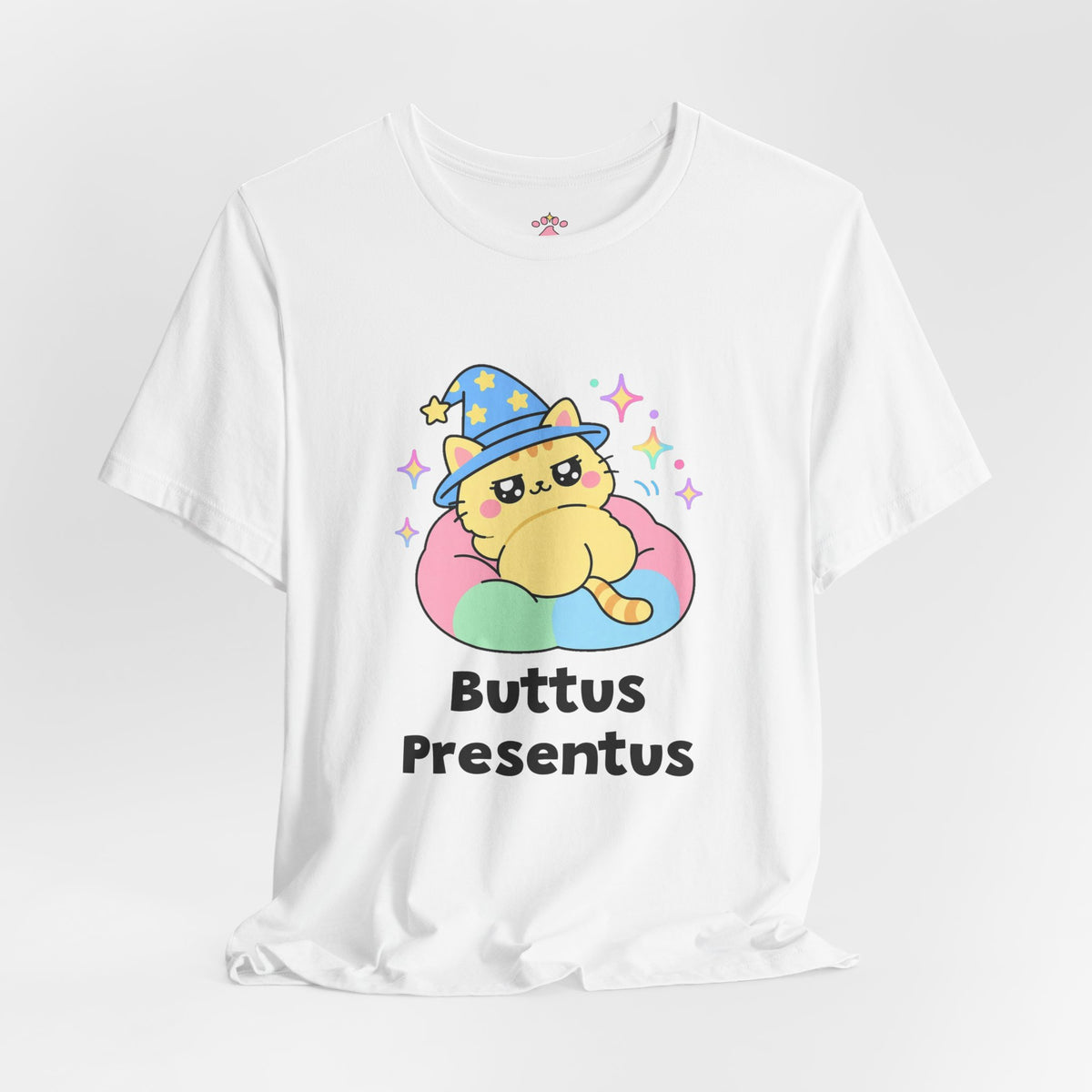 Yellow wizard cat in a rainbow hat turning around on a cushion and proudly showing its fluffy butt, Buttus Presentus tee