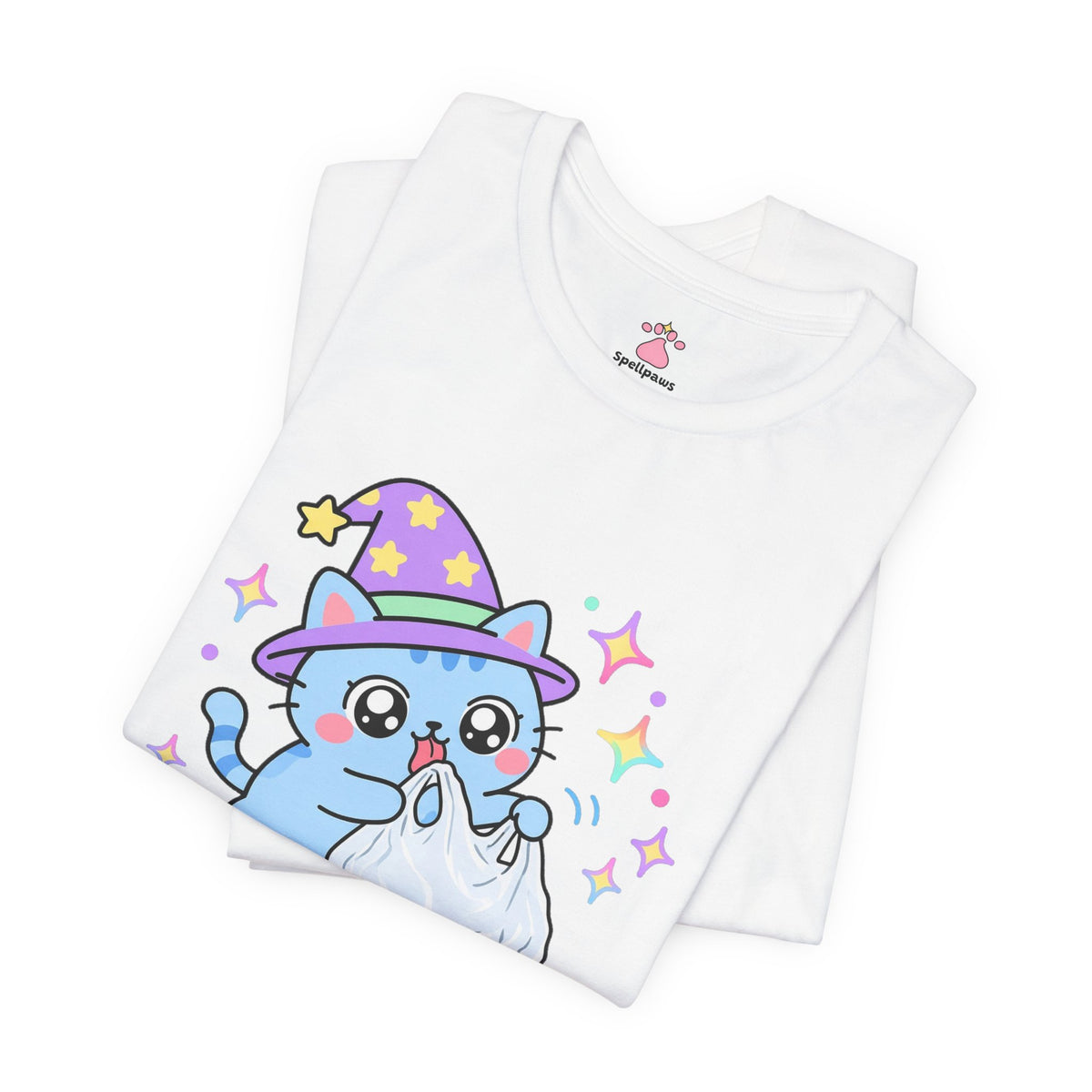 Blue wizard cat in a purple star hat happily licking a crinkly white plastic grocery bag, Bagus Plasticus Lickus tee