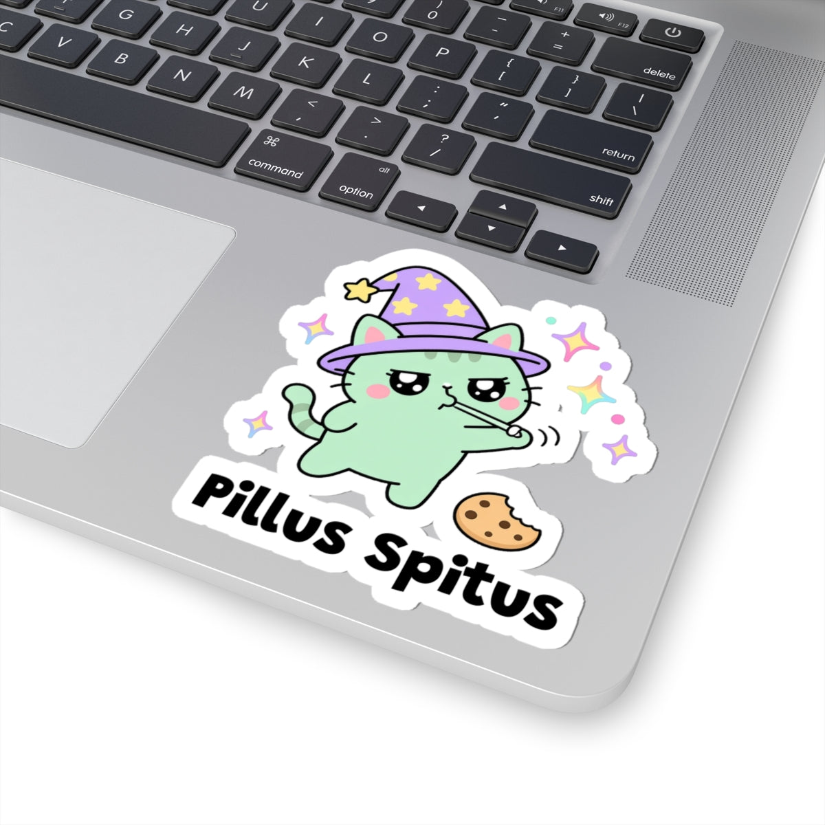 Pillus Spitus wizard cat sticker stuck on a silver laptop next to the keyboard