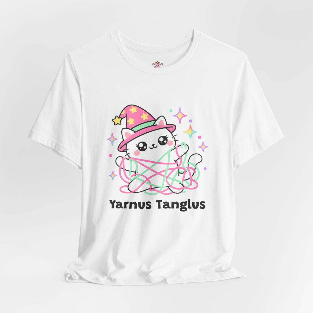 White wizard cat in a pink hat proudly wrapped up in pink and mint yarn, Yarnus Tanglus tee