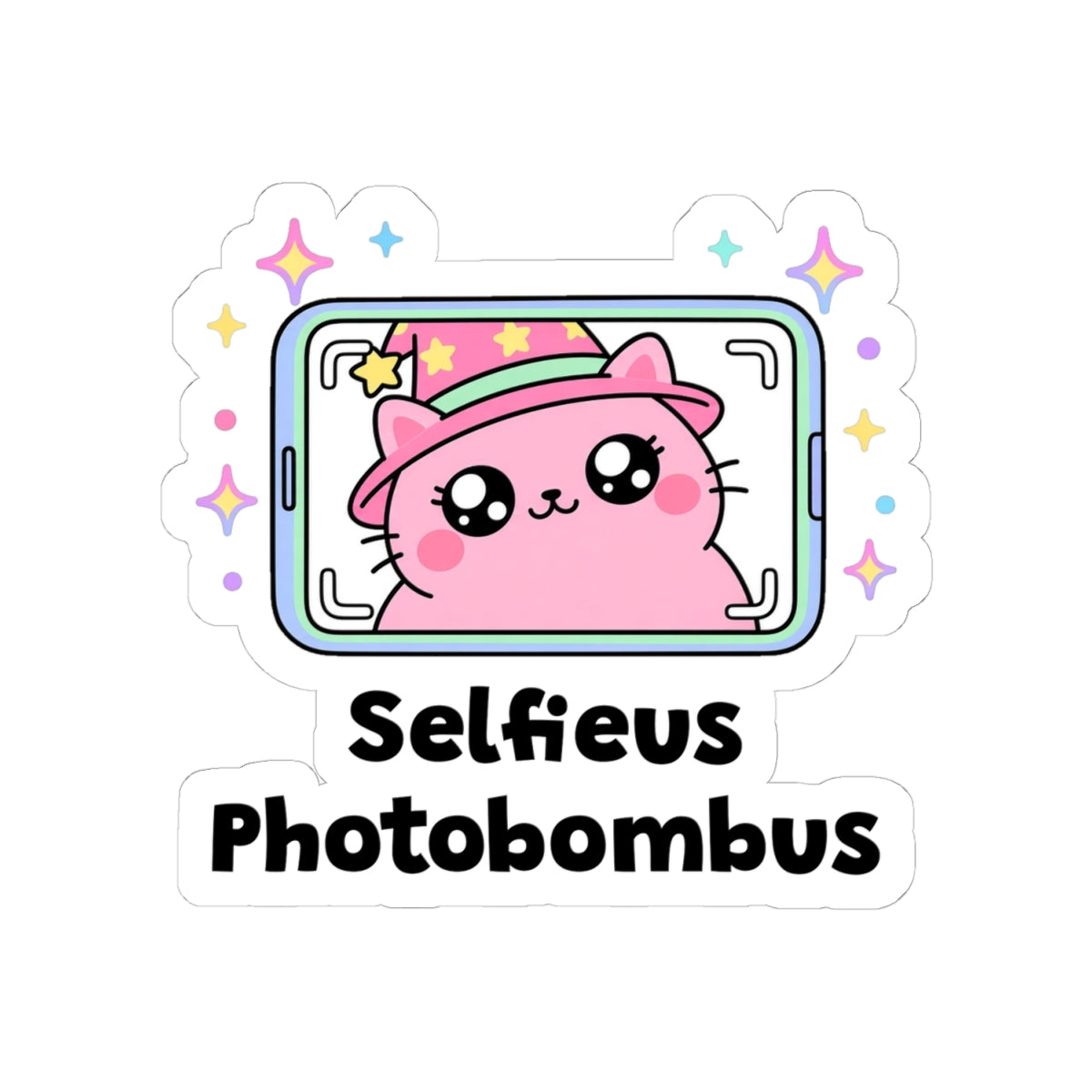 Selfieus Photobombus kiss-cut vinyl sticker on a white background, size option 2: pink wizard cat in a pink hat filling a phone selfie screen