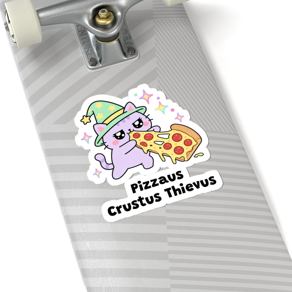 Pizzaus Crustus Thievus wizard cat sticker on a grey skateboard deck near the truck