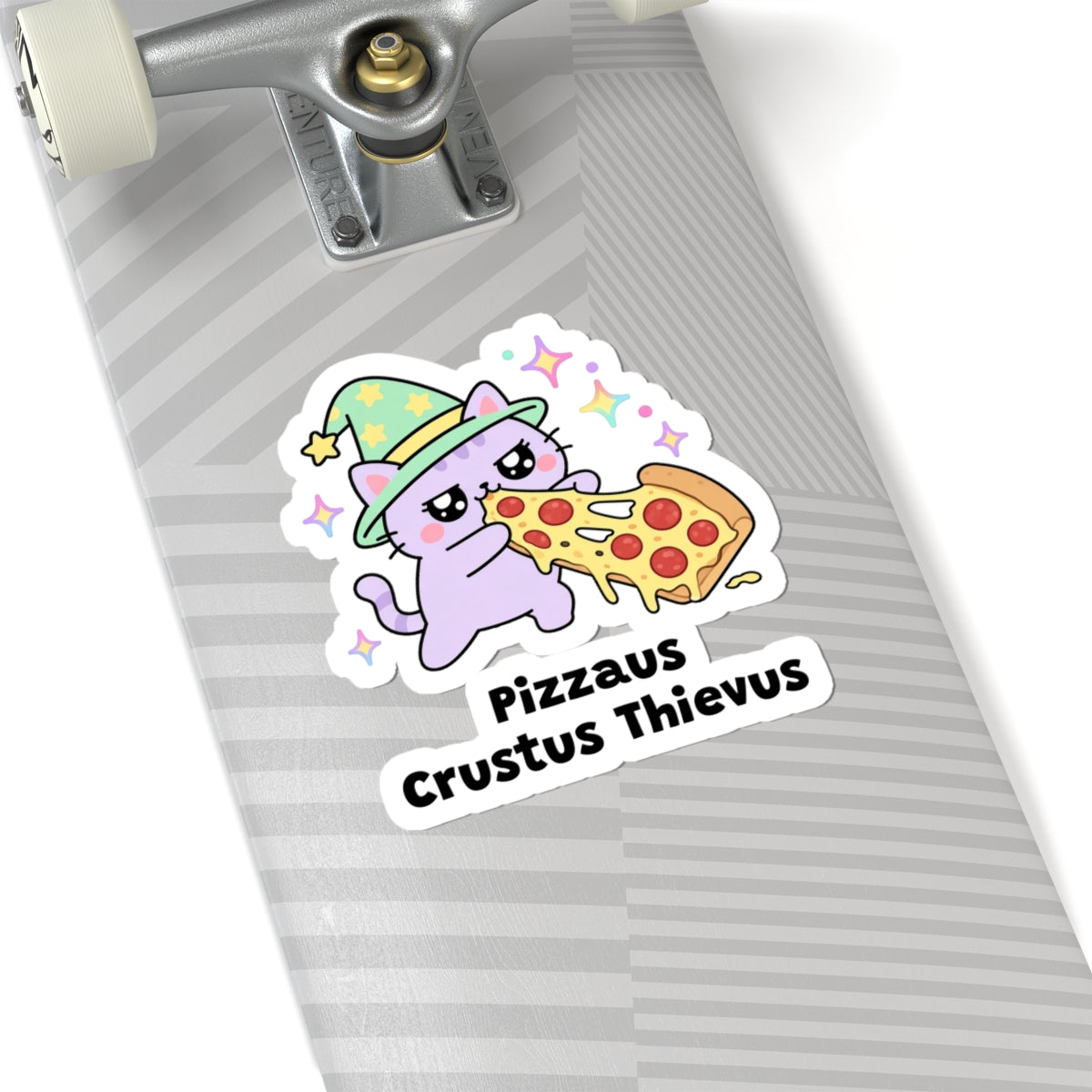 Pizzaus Crustus Thievus wizard cat sticker on a grey skateboard deck near the truck