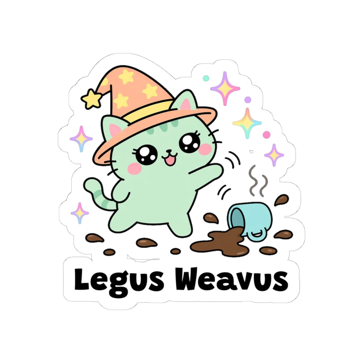 Legus Weavus kiss-cut vinyl sticker on a white background, size option 2: mint-green wizard cat in an orange hat weaving past a tipping coffee mug